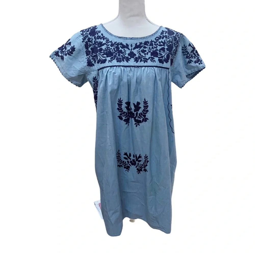 Roberta Roller Rabbit Blue Tunic Dress with Navy Embroidery, Small
